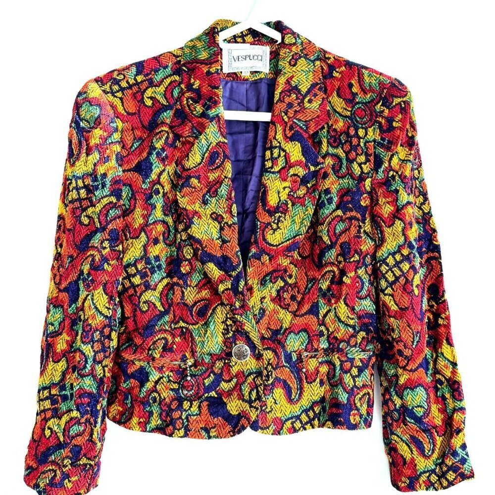 Vespucci Vintage Colourful Textured Fabric Cropped Blazer 42/S